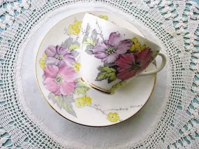 CHEERFUL Vintage English Foley China Teacup n Saucer BEGONIA Pattern PINK Hand Painted Flowers,Bridal Luncheons,Collectible Cups and Saucers