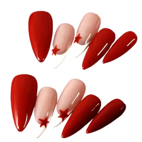 TEEK - 10 Red Glossy Hand Painted Star Almond Press On False Nails