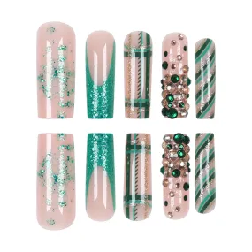 TEEK - 24 Long Coffin Green Plaid Diamond Press-On Nails