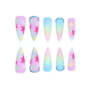 TEEK - 24 Long Pointed Multicolor Gradient Leaf Frosted Fake Nails