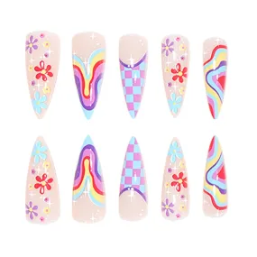 TEEK - 24 Long Pointed Rainbow Flower Press-On Nails