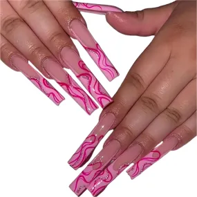 TEEK - 24pc Extra Long Coffin Irregular Lines Sparkling Pink False Nails